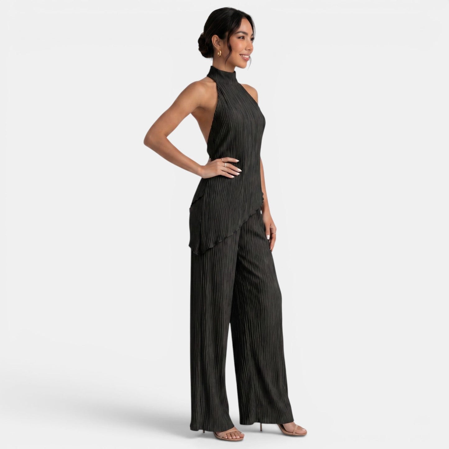 Elegant Textured Halter Top Wide Leg Pant Two Piece Set for Women with Mock Neck Backless Asymmetrical Hem Flowing Style