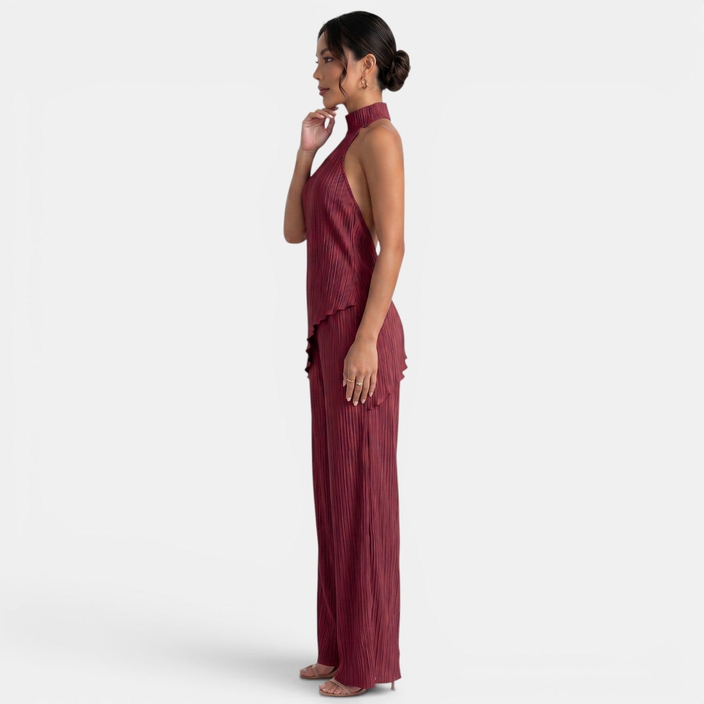 Elegant Textured Halter Top Wide Leg Pant Two Piece Set for Women with Mock Neck Backless Asymmetrical Hem Flowing Style