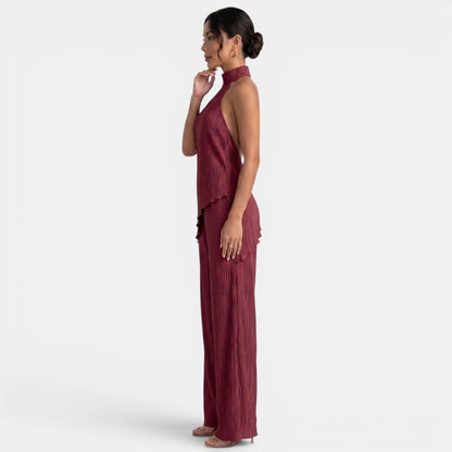 Elegant Textured Halter Top Wide Leg Pant Two Piece Set for Women with Mock Neck Backless Asymmetrical Hem Flowing Style
