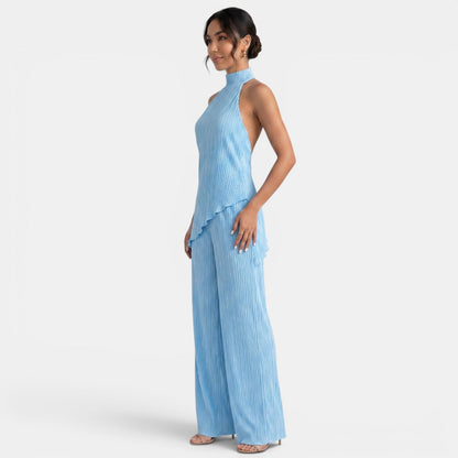 Elegant Textured Halter Top Wide Leg Pant Two Piece Set for Women with Mock Neck Backless Asymmetrical Hem Flowing Style