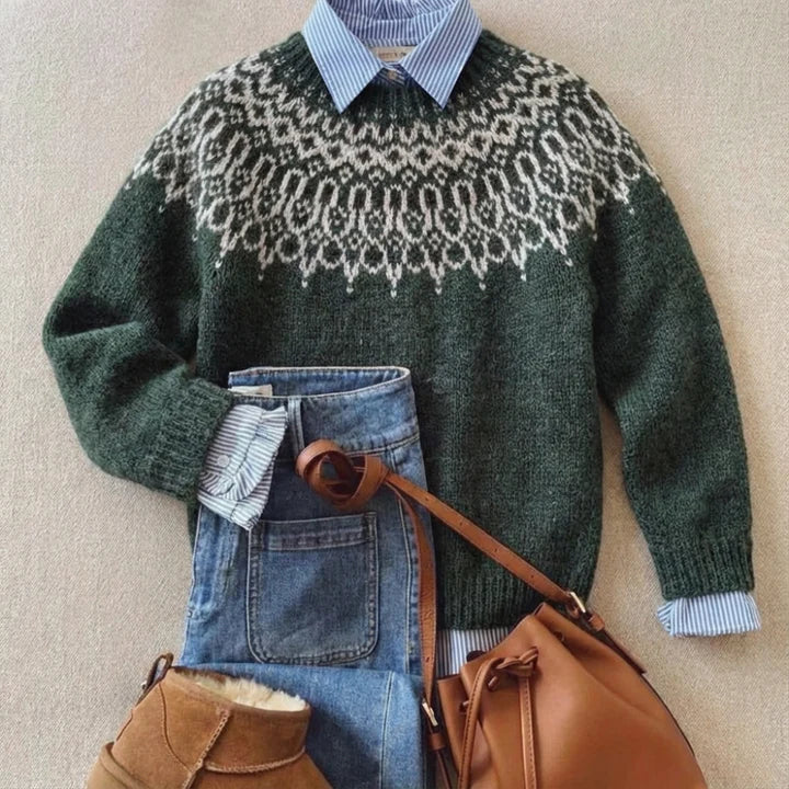Cozy Dark Green Fair Isle Knit Sweater for Women with Crew Neck Long Sleeve Nordic Pullover Winter Style
