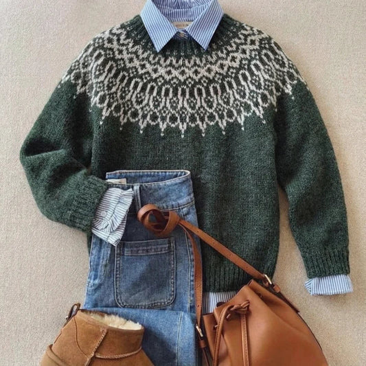 Cozy Dark Green Fair Isle Knit Sweater for Women with Crew Neck Long Sleeve Nordic Pullover Winter Style