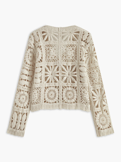 Effortless Beige Crochet Cardigan for Women with V Neck Long Sleeve Button Front Bohemian Style