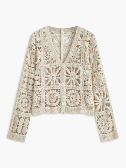 Effortless Beige Crochet Cardigan for Women with V Neck Long Sleeve Button Front Bohemian Style