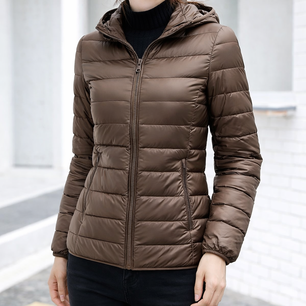 Sleek Hooded Puffer Jacket for Women with Zip Front Lightweight Quilted Insulated Packable Winter Style