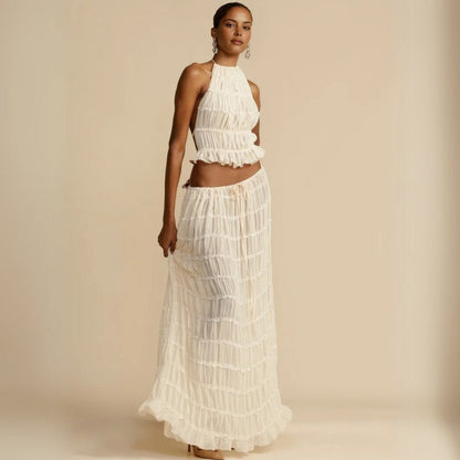Effortless Textured Two Piece Set for Women with Halter Top Tiered Maxi Skirt Bohemian Style