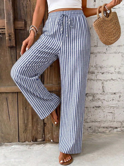 Effortless Striped Linen Wide Leg Pants for Women with High Waist Drawstring Flowing Casual Style