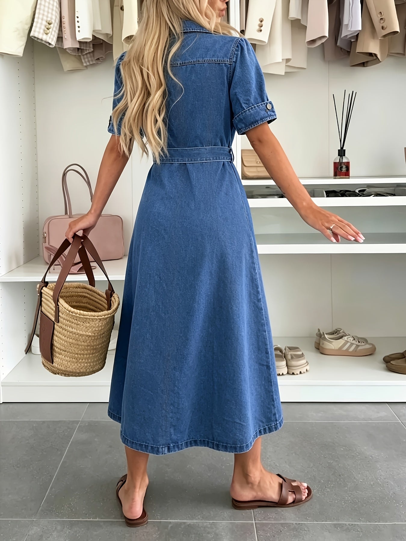 Effortless Blue Denim Dress for Women with Button Front Belted Puff Sleeve