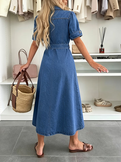 Effortless Blue Denim Dress for Women with Button Front Belted Puff Sleeve