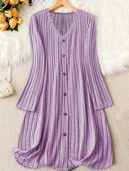 Comfortable Ribbed Knit Sweater Dress for Women with V Neck Long Sleeve Button Front Flowing Style