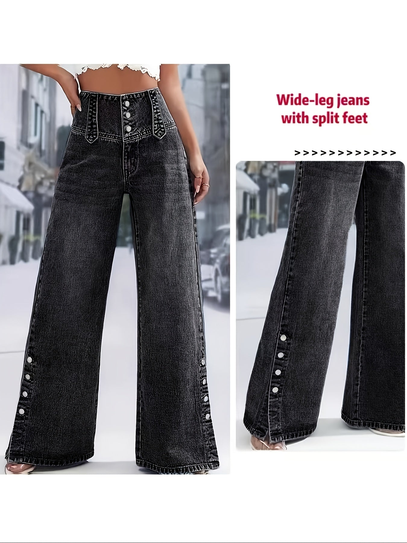 Effortless Black High Waisted Jeans for Women with Button Front Wide Leg Split Hem Style