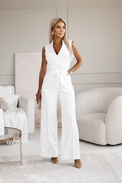 Elegant Wide Leg Jumpsuit for Women with Shawl Collar Sleeveless Wrap Belted Formal Style
