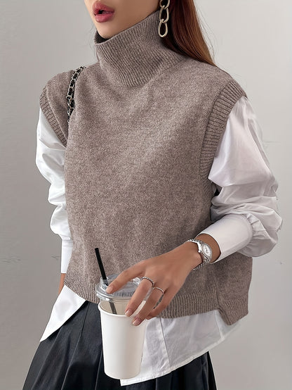 Cozy Sleeveless Turtleneck Vest for Women with High Neck Ribbed Knit Side Slit Style