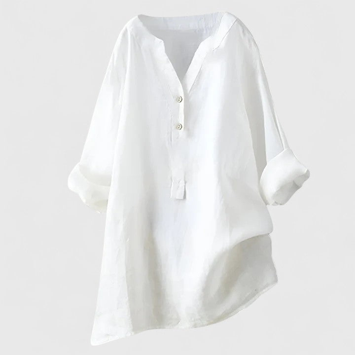 Effortless White Linen Shirt for Women with V Neck Long Sleeve Button Front Relaxed Style