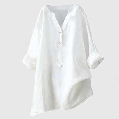 Effortless White Linen Shirt for Women with V Neck Long Sleeve Button Front Relaxed Style
