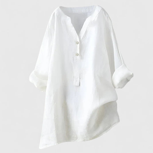 Effortless White Linen Shirt for Women with V Neck Long Sleeve Button Front Relaxed Style
