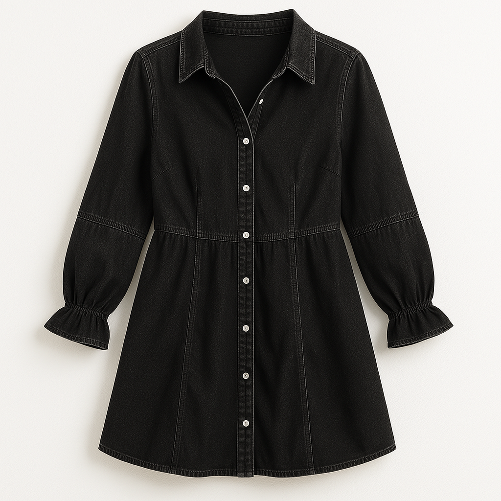 Effortless Denim Dress for Women with Collar Long Sleeve Button Front Mini Ruffle Cuff Casual Style
