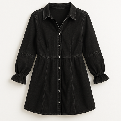 Effortless Denim Dress for Women with Collar Long Sleeve Button Front Mini Ruffle Cuff Casual Style
