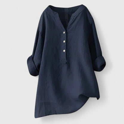 Effortless White Linen Shirt for Women with V Neck Long Sleeve Button Front Relaxed Style