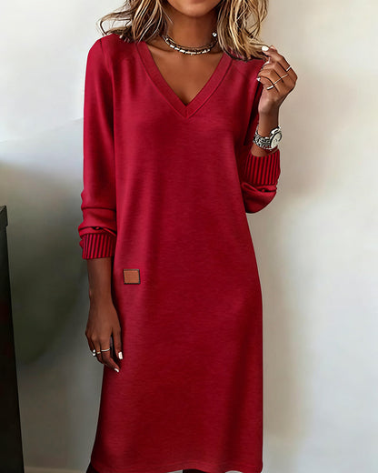 Comfortable Knit Sweater Dress for Women with V Neck Long Sleeve Striped Cuff Relaxed Style