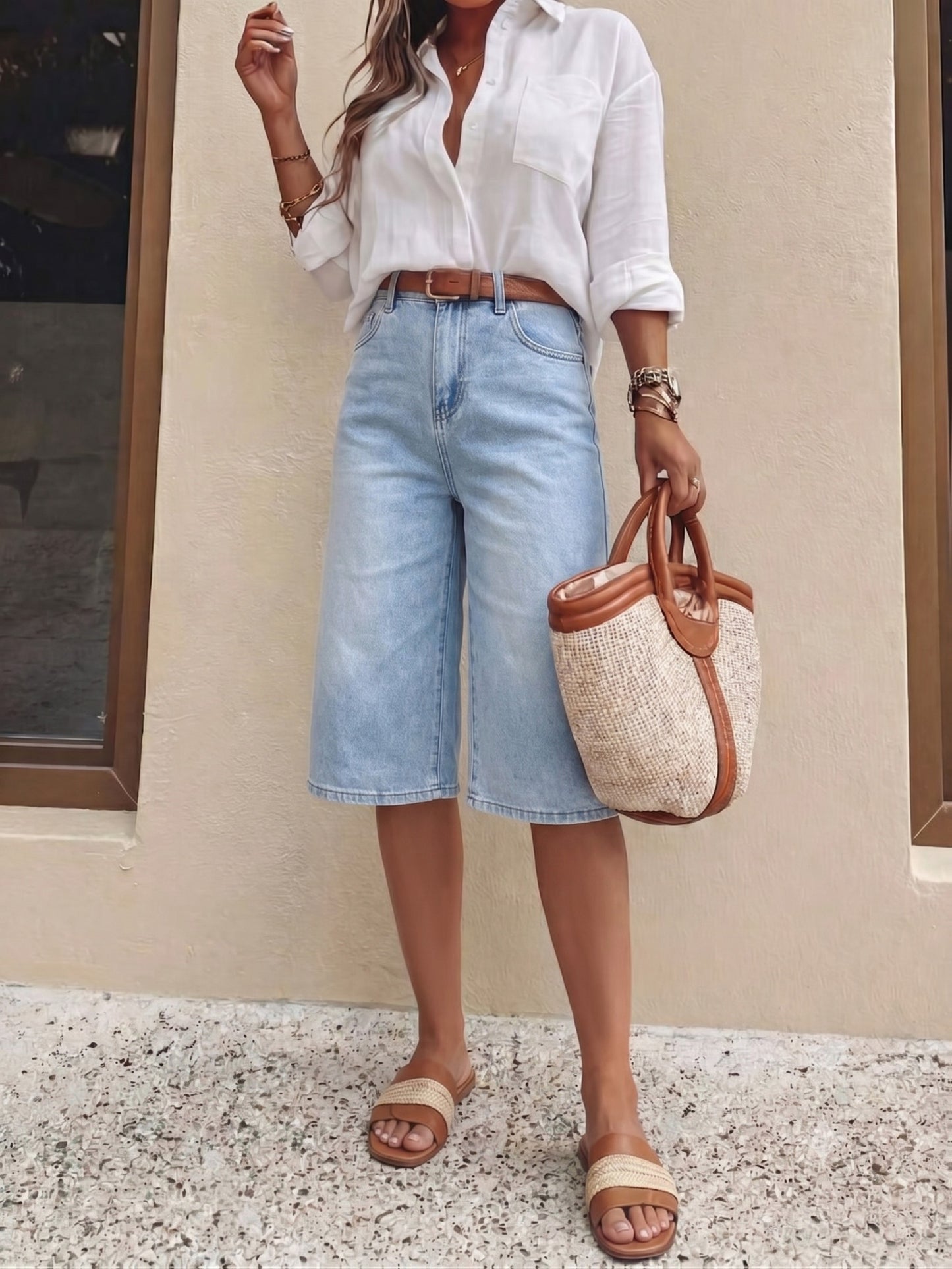 Effortless Light Blue Denim Culotte Jean Shorts for Women with High Waist Wide Leg Cropped Style
