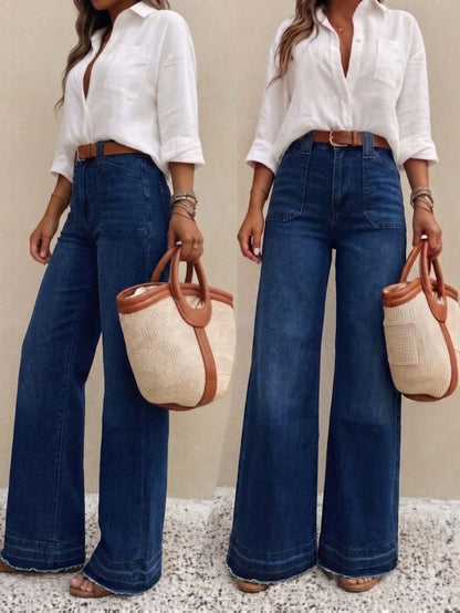 Effortless Relaxed Dark Blue Wide Leg Jeans for Women with High Waist Belted Style