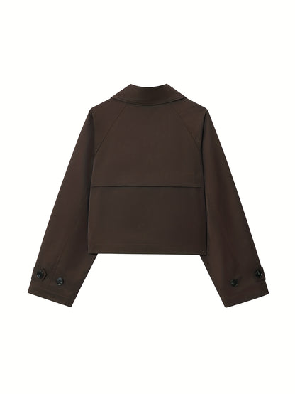 Elegant Coffee Brown Pea Coat for Women with Notched Lapel Long Sleeve Double Breasted Cropped Style