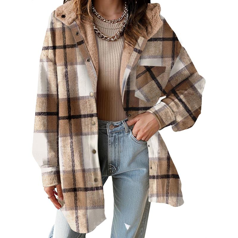 Cozy Plaid Shacket for Women with Hooded Collar Long Sleeve Sherpa Lined Flannel Oversized Style