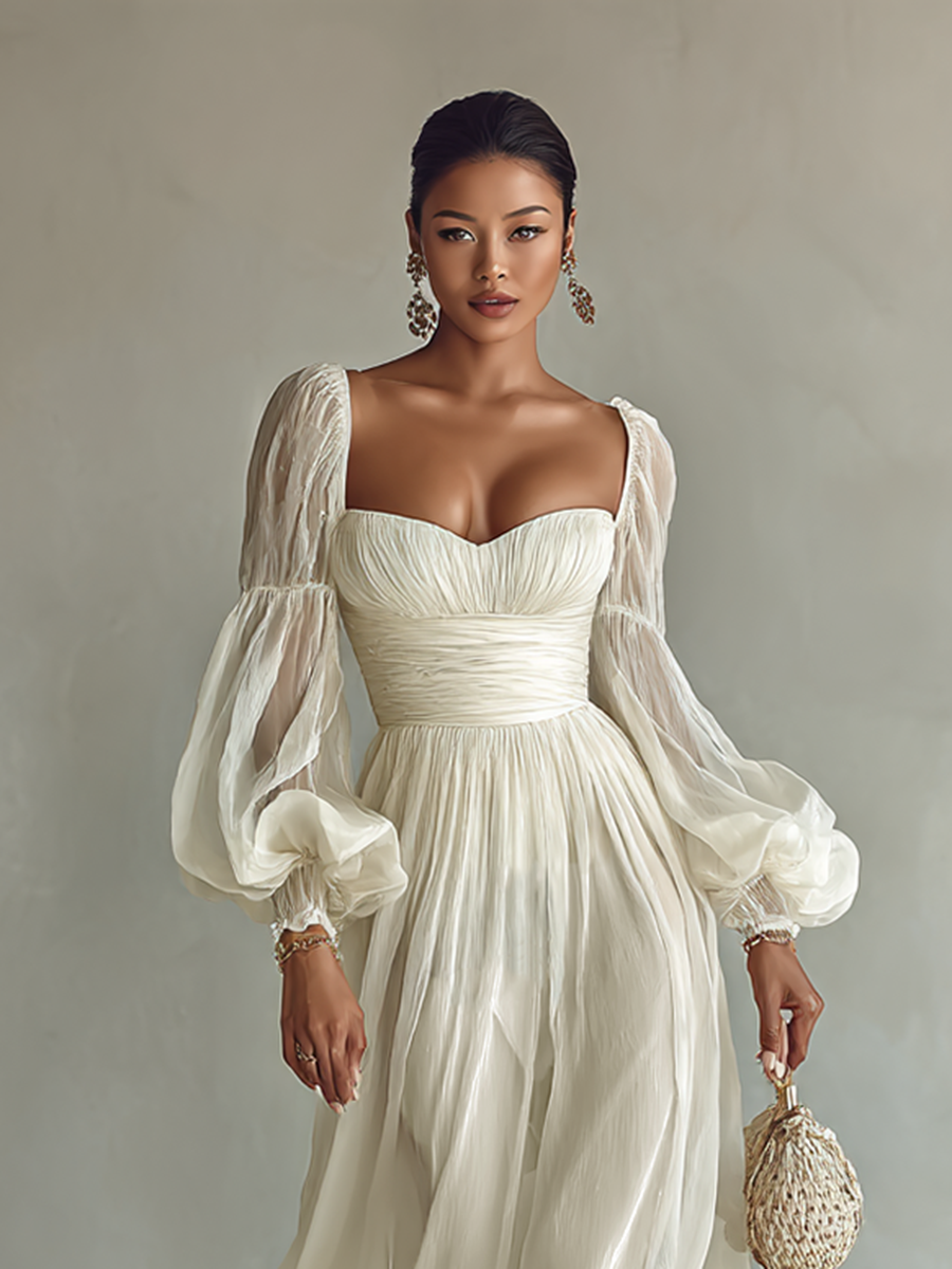 Elegant White Chiffon Maxi Dress for Women with Square Neck Puff Sleeve Ruched Waist Formal Wedding Guest Style