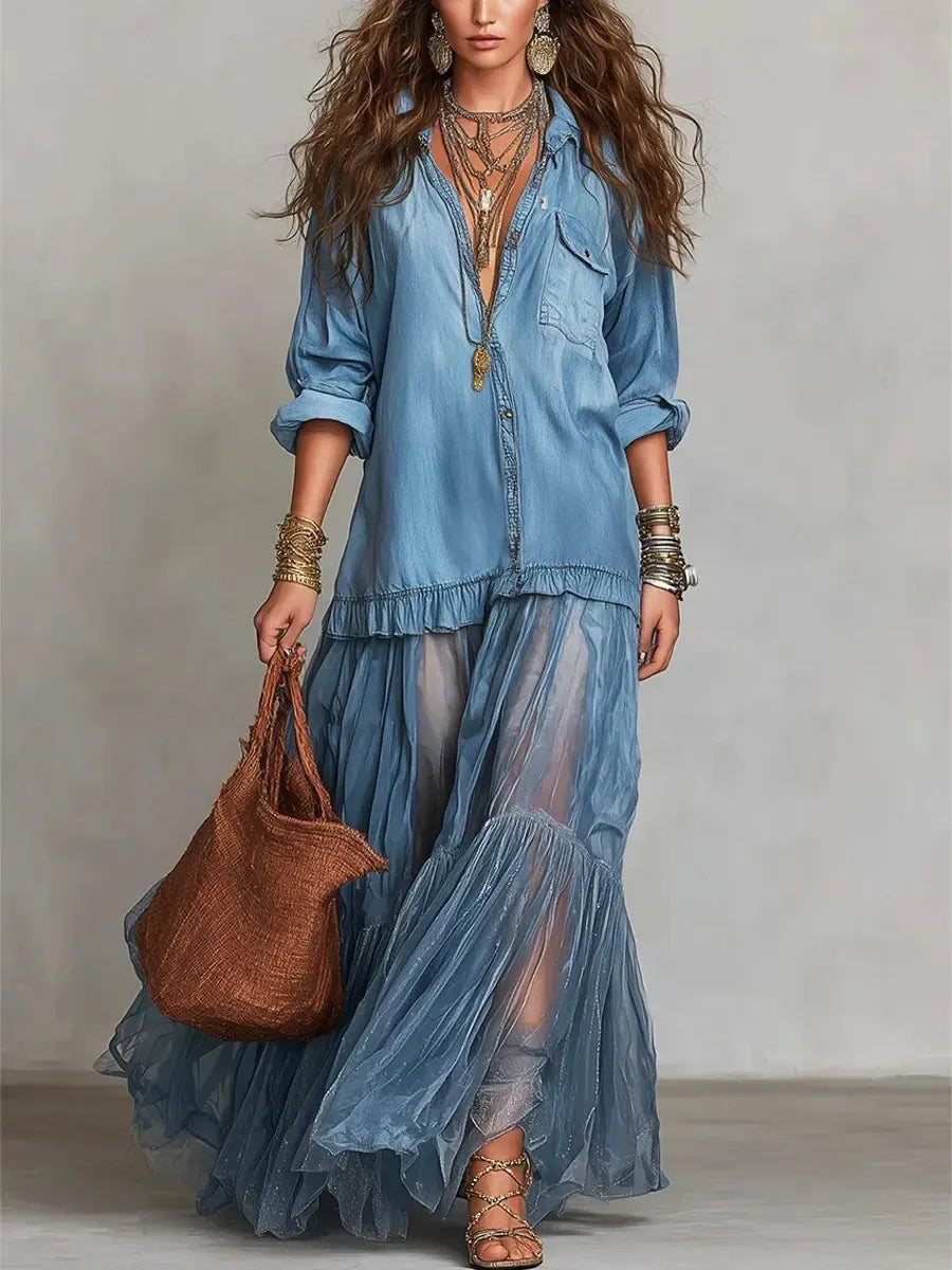 Effortless Maxi Dress for Women with Button-Front Shirt Collar Sheer Tiered Skirt