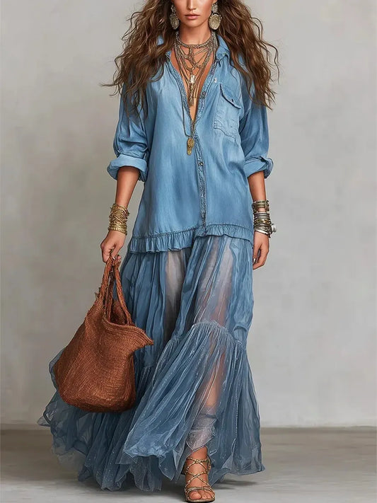 Effortless Maxi Dress for Women with Button-Front Shirt Collar Sheer Tiered Skirt