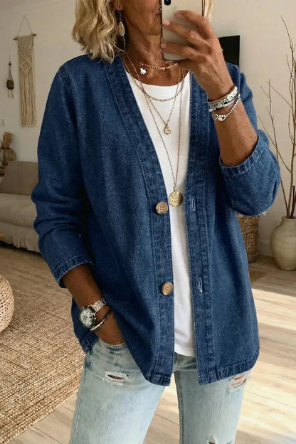 Effortless Washed Denim Cardigan for Women with Open Front Long Sleeve Button Relaxed Style