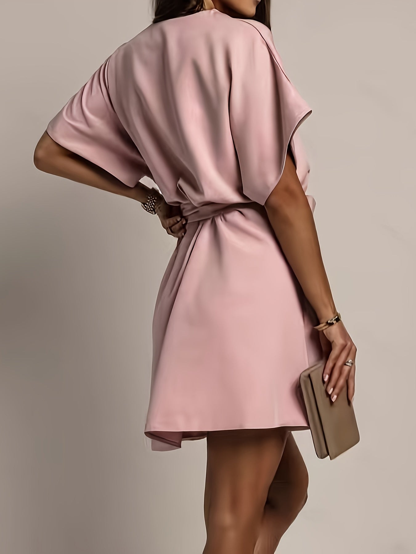 Elegant Light Pink Dress for Women with V Neck Batwing Sleeve Belted Flowing Style