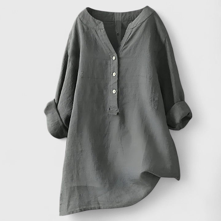 Effortless White Linen Shirt for Women with V Neck Long Sleeve Button Front Relaxed Style