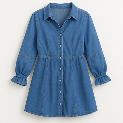 Effortless Denim Dress for Women with Collar Long Sleeve Button Front Mini Ruffle Cuff Casual Style