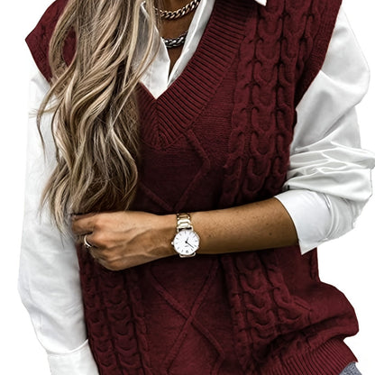 Cozy Cable Knit Sweater Vest for Women with V Neck Sleeveless Oversized Relaxed Style