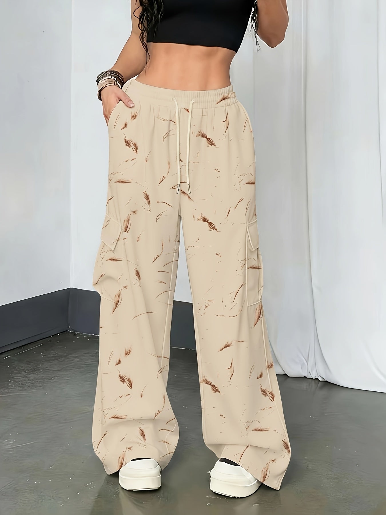 Effortless Camo Pants for Women with High Waist Drawstring Cargo Pocket Wide Leg Relaxed Style