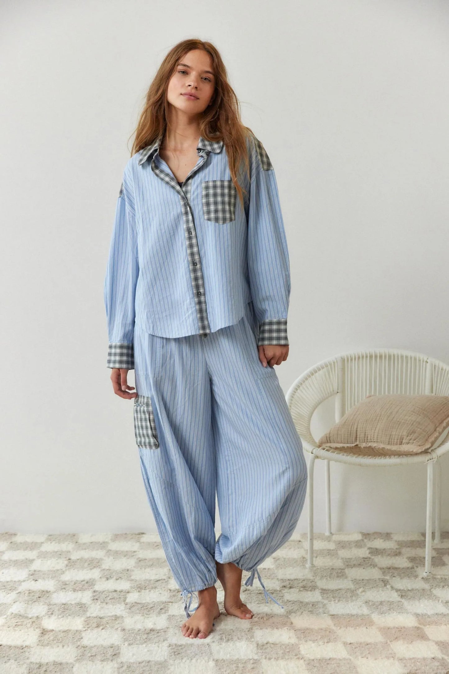 Effortless Striped Plaid Pajama Set for Women with Collar Long Sleeve Wide Leg Two Piece Style