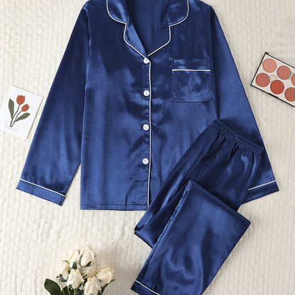 Comfortable Satin Pajamas for Women with Collar Button Front Piping Trim