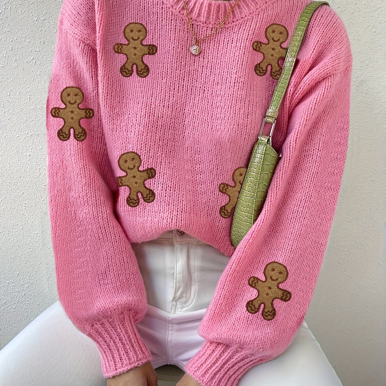 Cozy Pink Gingerbread Christmas Tacky Sweater for Women with Crew Neck Long Sleeve Knit Pullover Holiday Style