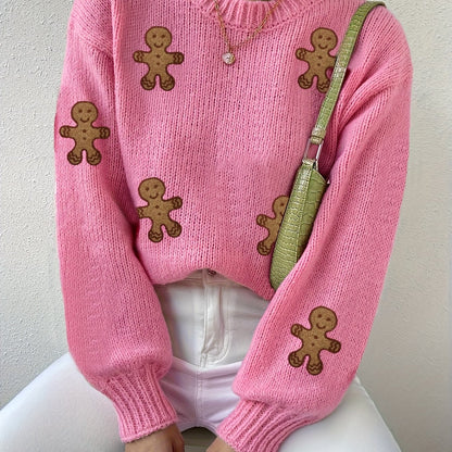 Cozy Pink Gingerbread Christmas Tacky Sweater for Women with Crew Neck Long Sleeve Knit Pullover Holiday Style