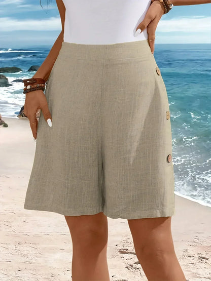Effortless Linen Shorts for Women with High Waist Button Front Relaxed Bermuda Style