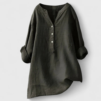 Effortless White Linen Shirt for Women with V Neck Long Sleeve Button Front Relaxed Style