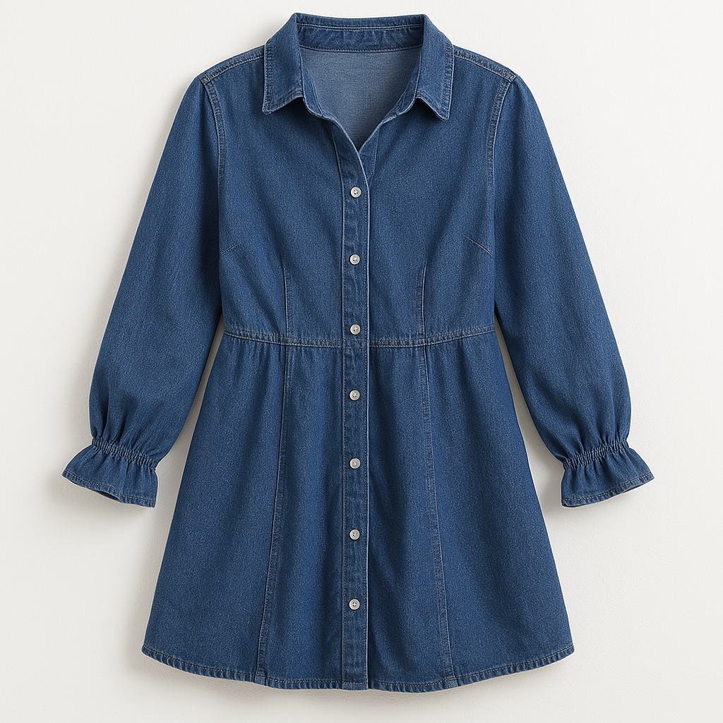 Effortless Denim Dress for Women with Collar Long Sleeve Button Front Mini Ruffle Cuff Casual Style