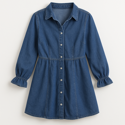 Effortless Denim Dress for Women with Collar Long Sleeve Button Front Mini Ruffle Cuff Casual Style