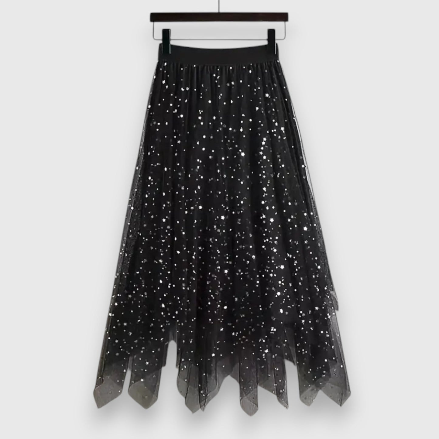 Effortless Pink Star Sequin Tulle Skirt for Women with High Waist Handkerchief Hem Sparkle Flowing Style