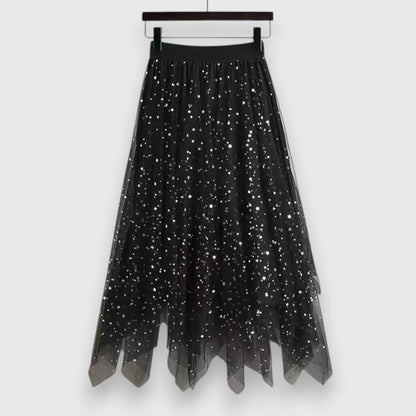Effortless Pink Star Sequin Tulle Skirt for Women with High Waist Handkerchief Hem Sparkle Flowing Style