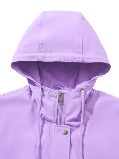 Sleek Hooded Rainwear Jacket for Women with Drawstring Waist Zip Front Windbreaker Outdoor Style
