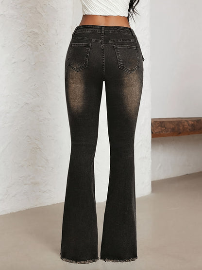 Effortless Distressed Denim Buckle Jeans for Women with Low Rise Grommet Waist Flare Frayed Hem Style