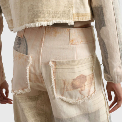 Effortless Ivory Collage Print Wide Leg Jeans for Women with High Waist Raw Hem Frayed Pocket Relaxed Style